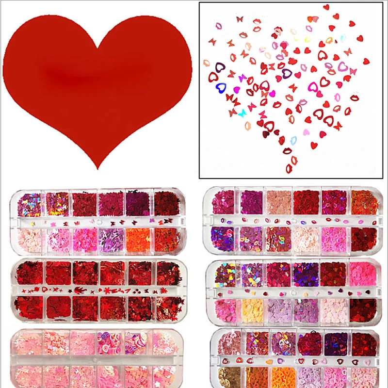 

Valentine's Day Nail Glitter Heart Nail Sequins Holographic Heart Hollow Heart Lip Sequins 3D Nail Art Laser Flakes Cosmestic