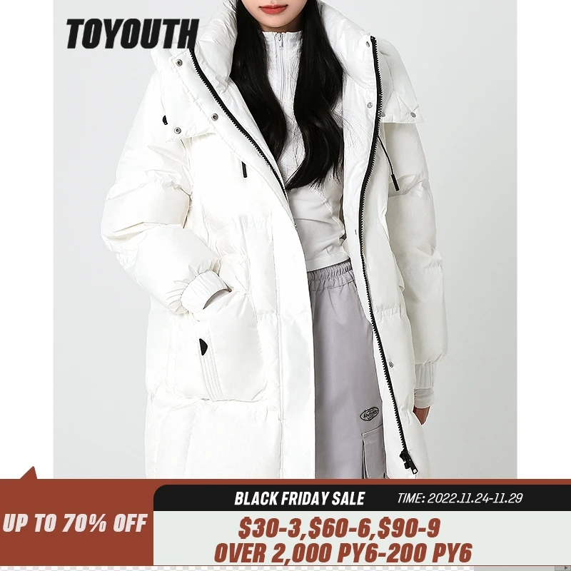 

Toyouth Women Thick Down Jacket 2022 Winter Stand Collar 90% Duck Down Warm Hooded Windproof Casual Chic Outwear