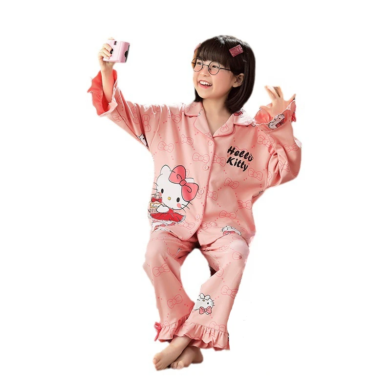 

Осенний пижамный комплект для девочек Sanrio HelloKitty Kuromi Cinnamoroll из чистого хлопка с длинными рукавами милая домашняя одежда в стиле принцессы для молодых девушек