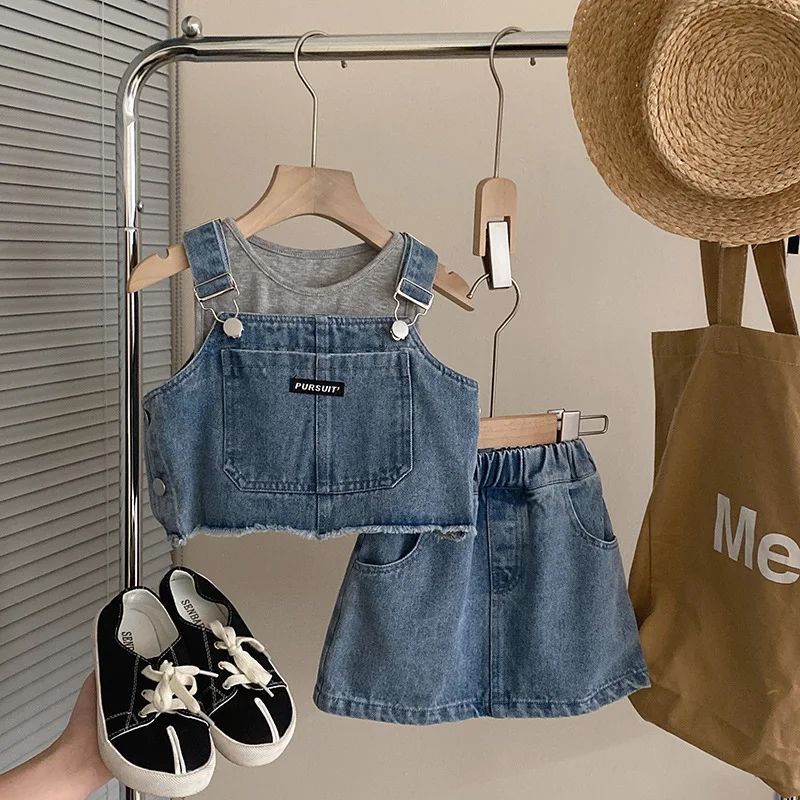 

Korean Girls Denim Sets Raw Edge Denim Vest Elastic Waist Skirts Gray O-Neck Bottoming Tops 3pcs Fashion Trend Children Suits