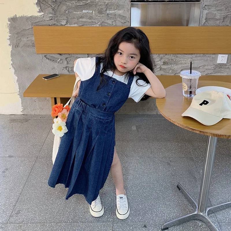 

2022 spring Korean girls' suspender vest denim skirt pants children's fashionable denim suit