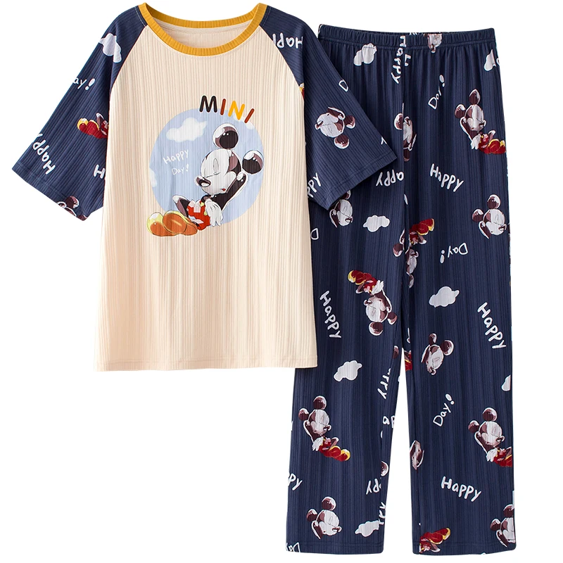 

Disney M-3XL Loose Cotton Soft Mickey Mouse Pajama Sets for Women Summer Short Sleeve Top and Blue Pants Suit Cute Pyjamas Women