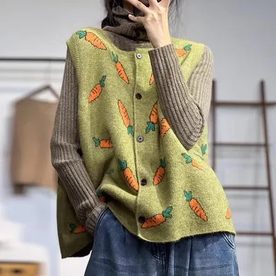 202, весенне-осенний женский жаккардовый вязаный жилет с круглым вырезом, свободный свитер без рукавов, кардиган, топы, верхняя одежда Z2534