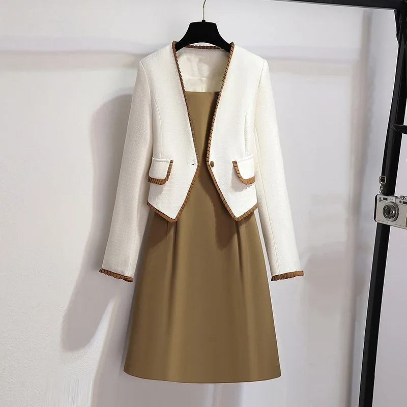 

Женский элегантный жакет во французском стиле на весну и осень, наряды с платьем на бретельках, Корейская Офисная Женская облегающая куртка...