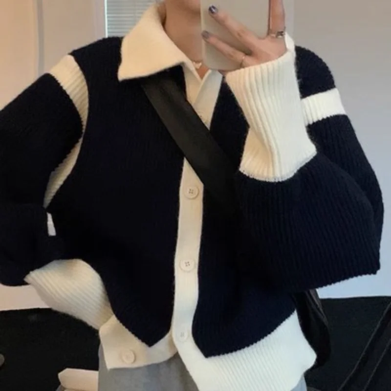 

Autumn Women Sweater Long Sleeves Korean Fashion Turtle Neck Splicing Casual Straight Cardigan Knitting Houthion