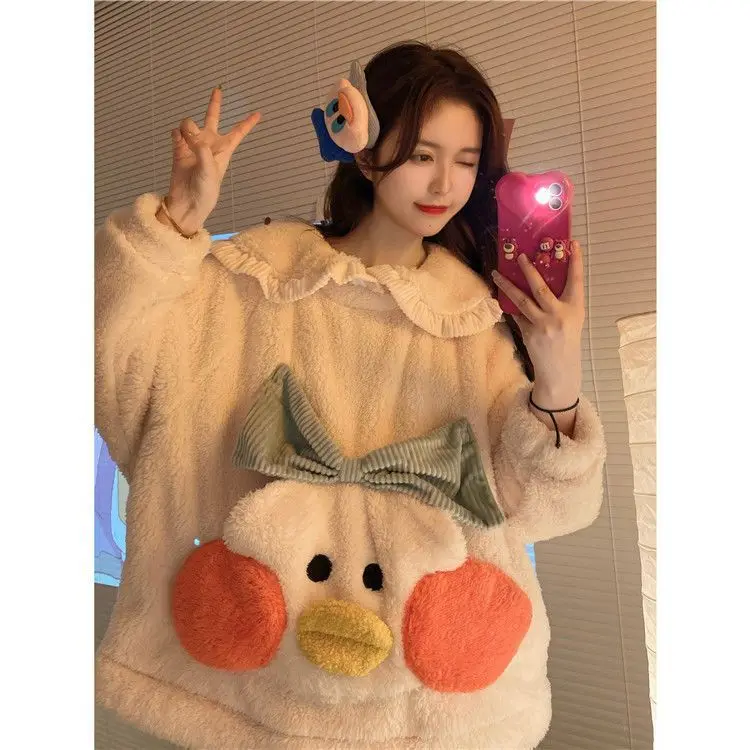 

Женский зимний пижамный комплект, Толстая Теплая Флисовая пижама из кораллового флиса, милая фланелевая Домашняя одежда с мультяшным рисун...