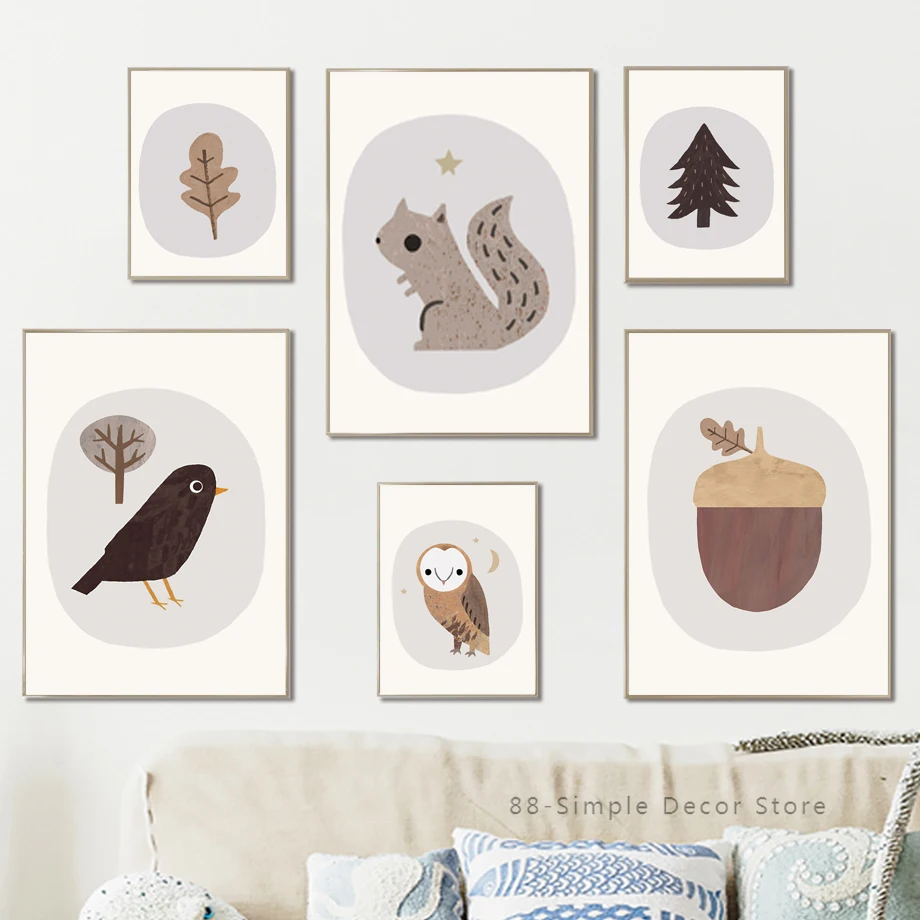

Мультфильм белка сосна орехи Сова Птица скандинавские плакаты и принты животные Искусство Холст Живопись Дети Декор для дома картины