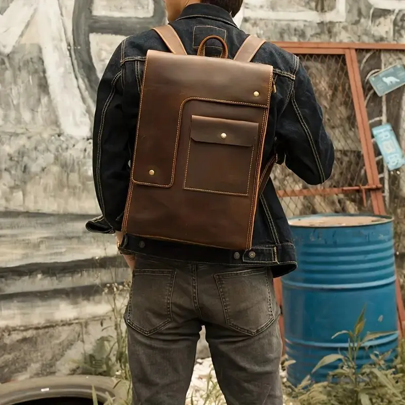 Винтажный мужской рюкзак Crazy Horse из натуральной кожи подходит для 15 дюймов