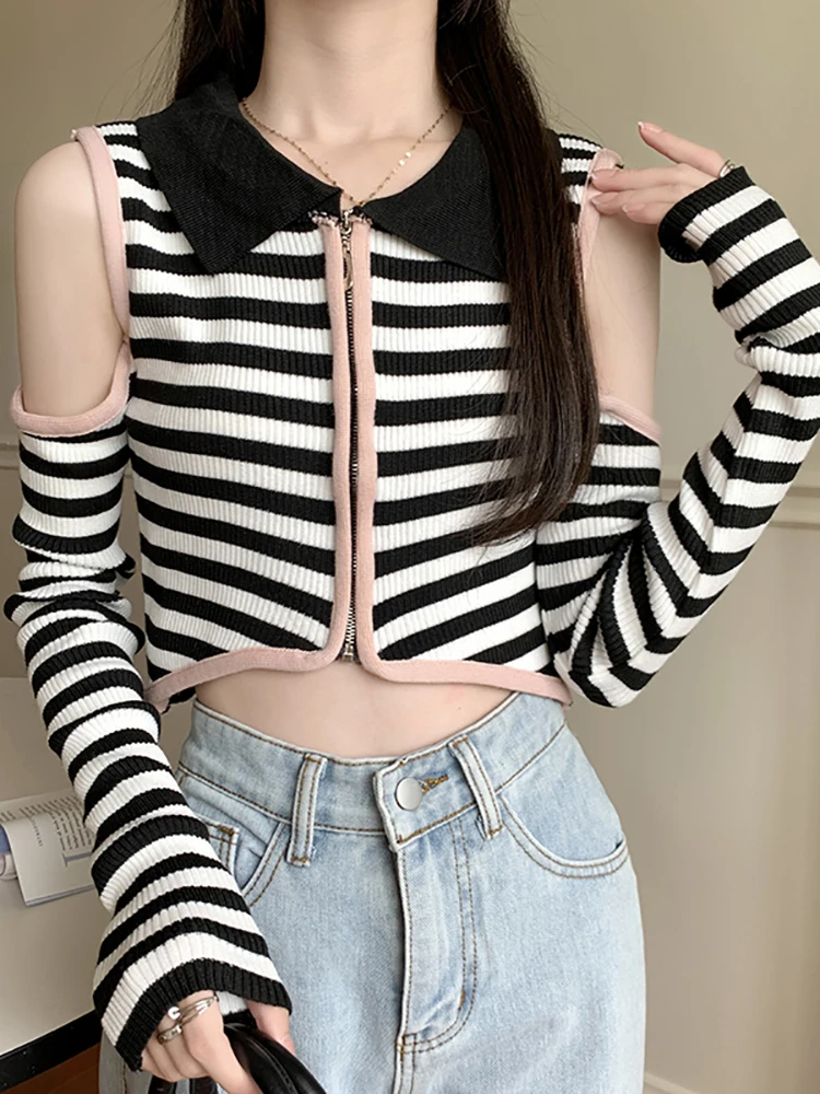 

Женская футболка с открытыми плечами и длинным рукавом, в полоску