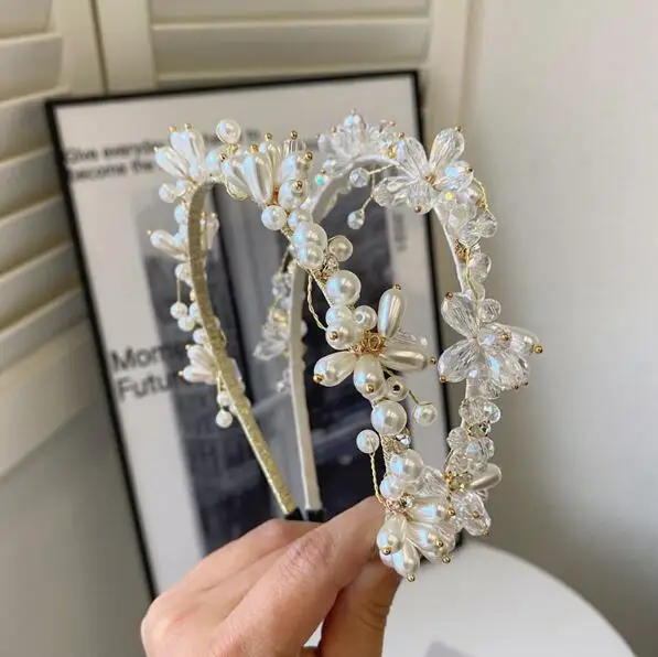 

Korean girl pearl French crystal flower Baroque hairbands bridal high-end transparent floral hair accessories