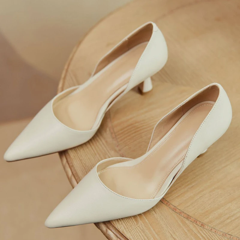 

Туфли-лодочки женские из натуральной кожи, заостренный носок, высокий каблук, элегантные вечерние туфли-лодочки, однотонные, во французском...