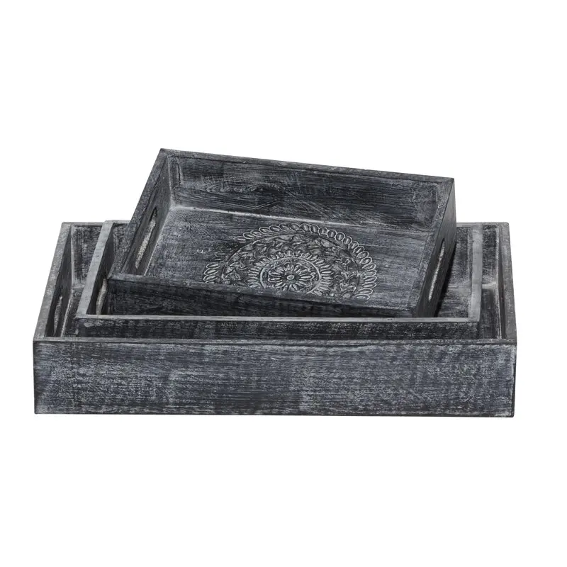 

12", 15", 18"W Black Wood Intricate Carved Floral Tray, 3-Pieces