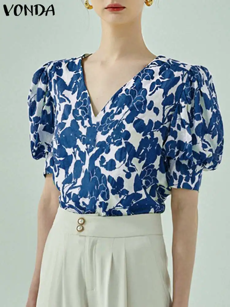 

2023 летние топы VONDA, винтажная блузка с цветочным принтом, Женская пикантная Повседневная рубашка с V-образным вырезом и коротким пышным рукавом, свободные пляжные праздничные Блузы