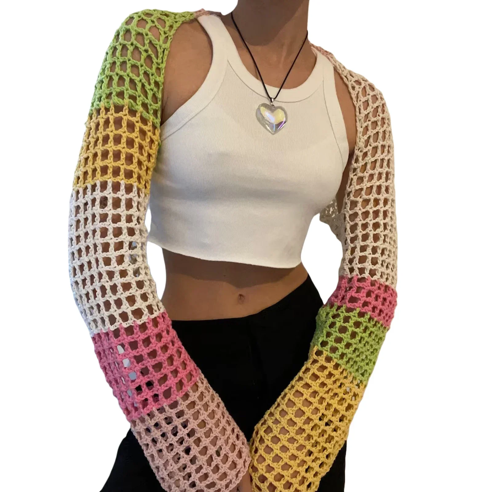 Женский сетчатый топ с длинным рукавом вязаный крючком летний кроп-топ