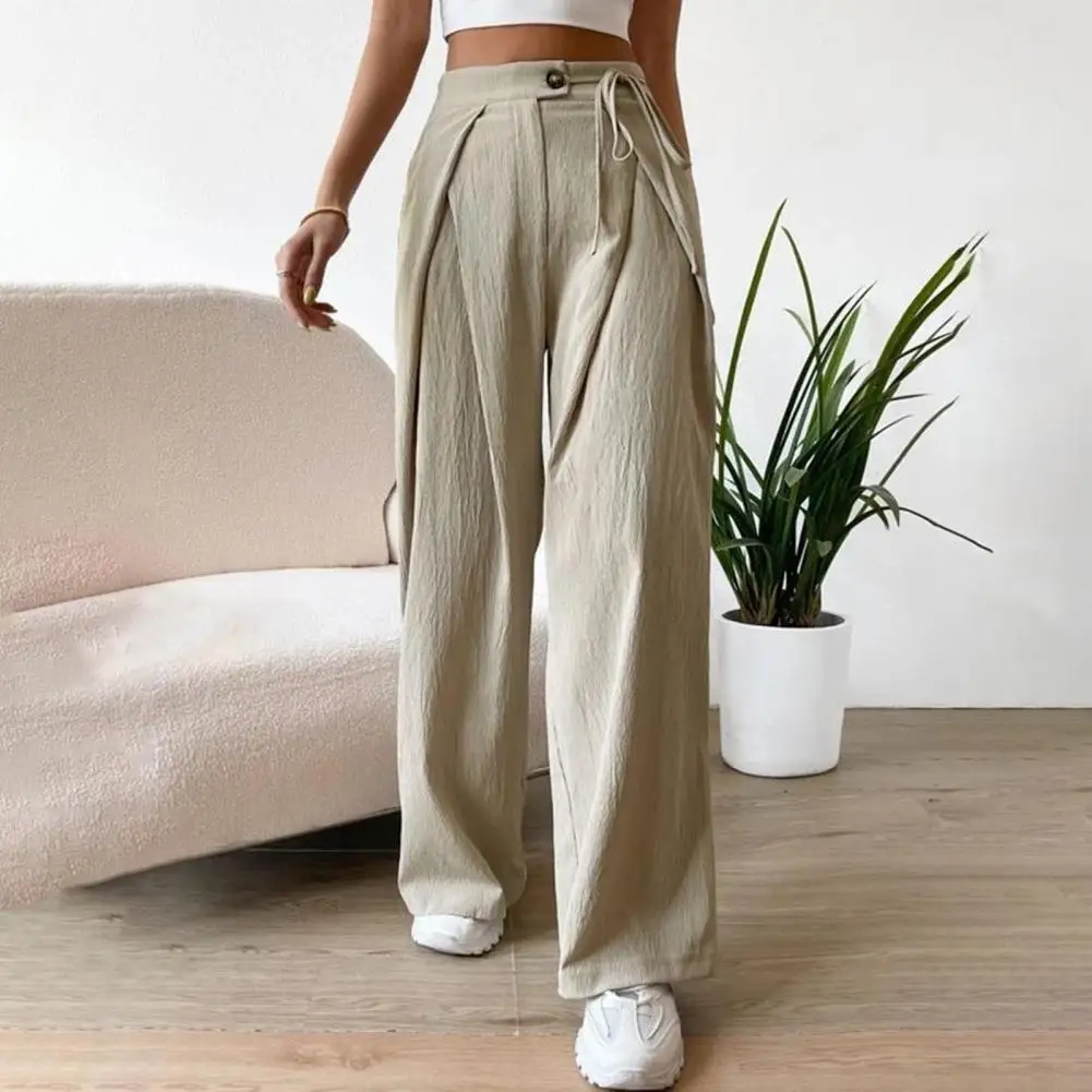 

Women Pants High Waist Lady Solid Color Trousers Wide Leg Women Pants Zipper Button Closure Lace Up Straps Lady Trousers