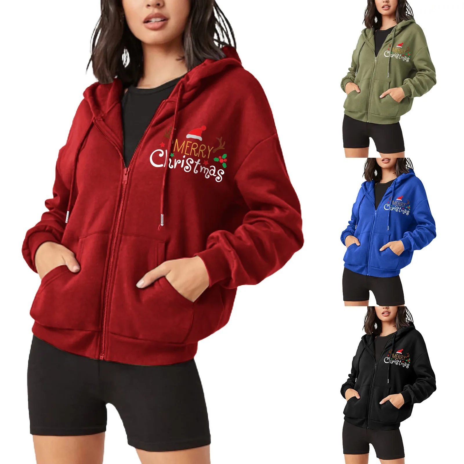 

Women's Casual Long Sleeve Zip Up Merry Christmas Letter Print Drawstring Sweatshirt Hoodie Jacket With Pockets