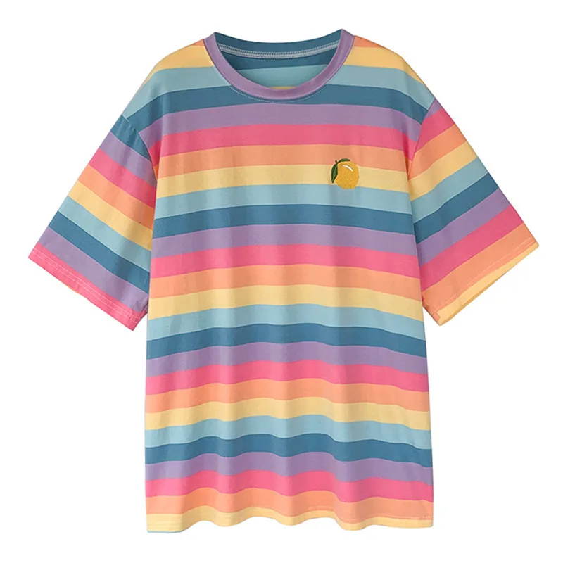 

T-shirt Women's Color Stripe Medium Long Short Sleeve T-shirt Girls' Loose Round Neck T-shirt футболка смешная Harajuku Top