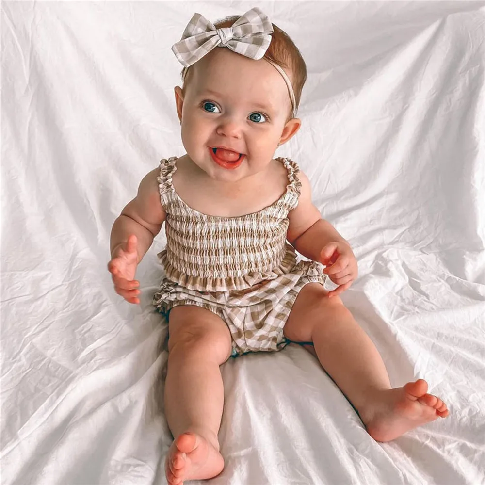 

Baby Girl Plaid Clothes Set Shirred Tank Top Vest Shorts Briefs Headband 0-18M Newborn Infant Summer Casual Cotton Outfits 2022