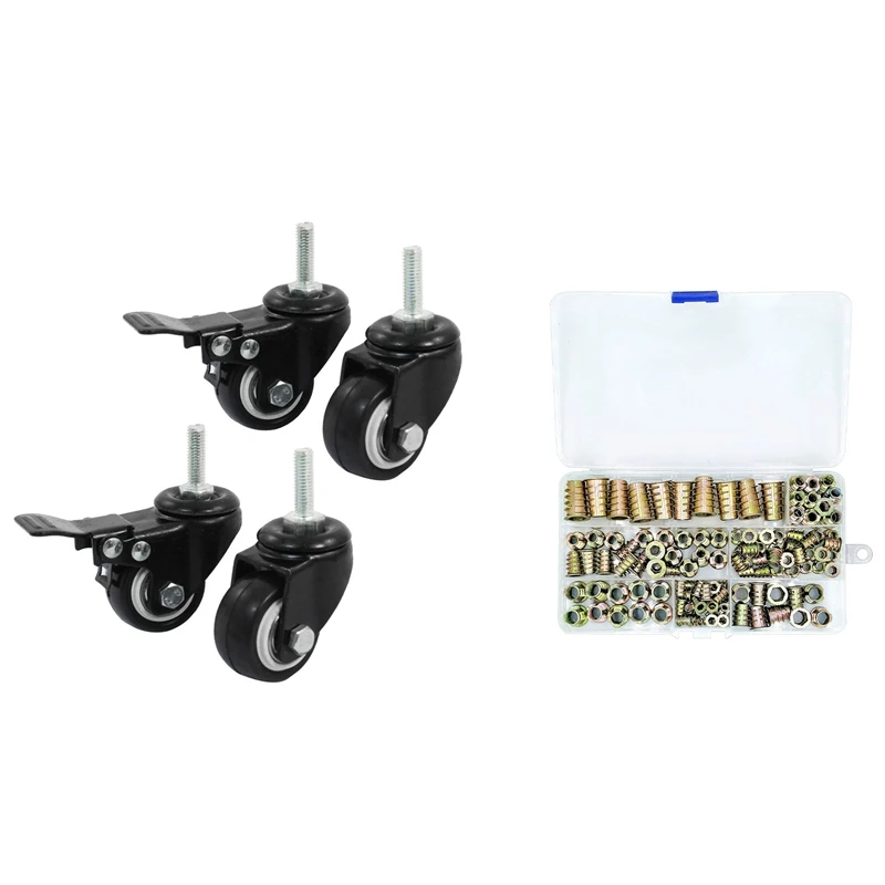 

New-4X Shopping Wheel Trolley Brake Swivel Caster, 1.5-Inch, Black & 120 Piece Metric Thread Insert Nut Type Tool Kit