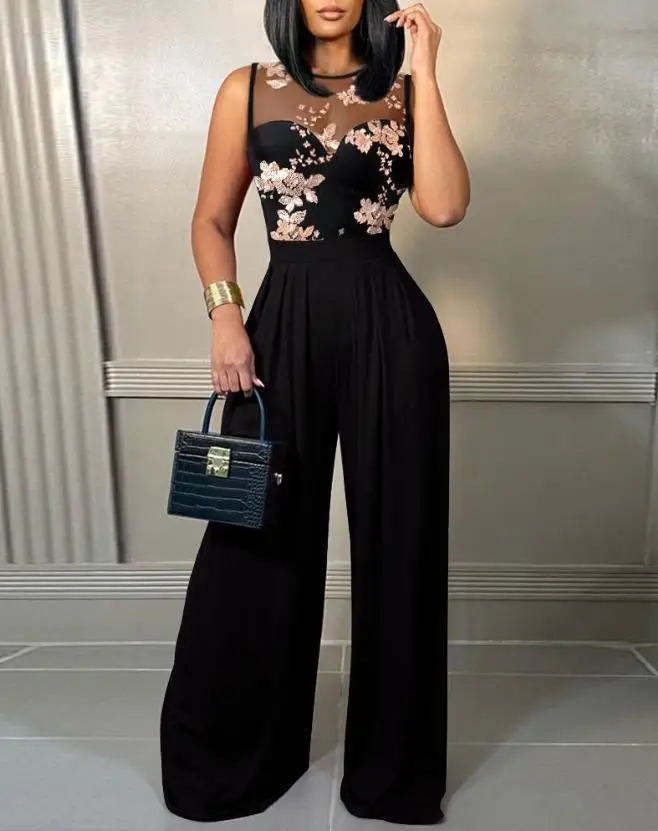 

2023 Woman Long Jumpsuits Elegant Sexy Contrast Sequin Floral Pattern Wide Leg Jumpsuit Party Casual New Fashion Female Clothing