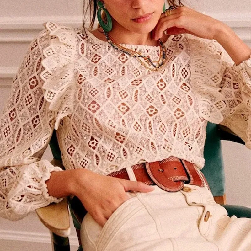 

Exquisite Hollow out Embroidery Women Sweet Blouse 2022 Early Spring new Long Sleeve o-neck Female O-neck Shirts tops