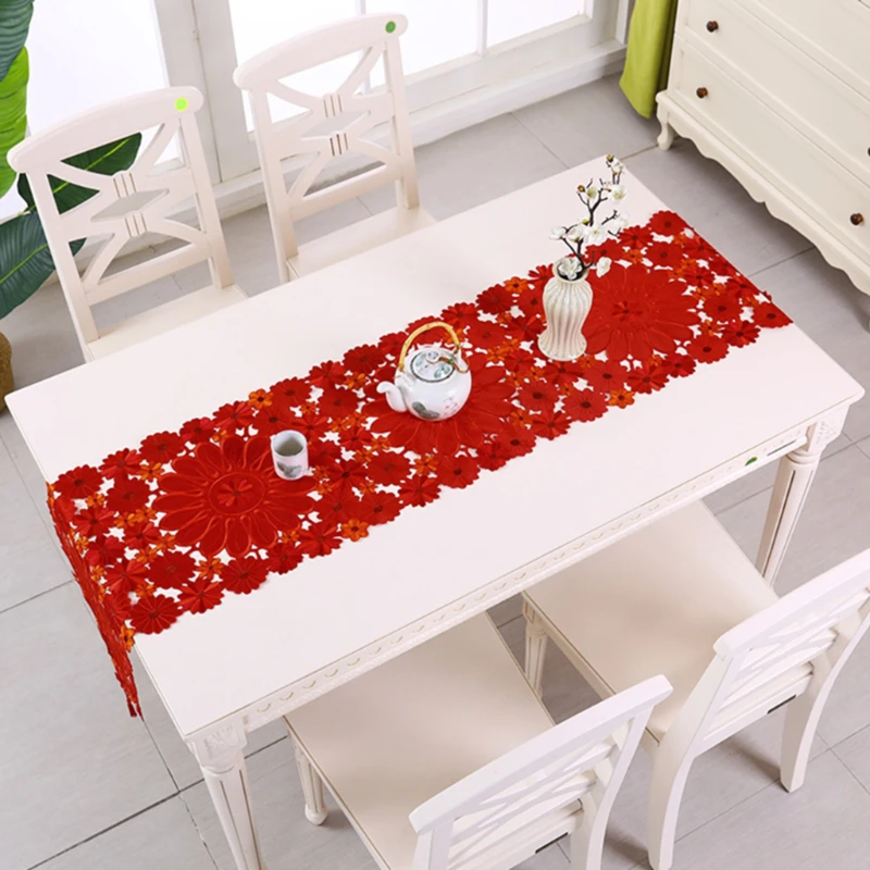 

Red Flowers Christmas Embroidered Table Runners Table Runner For Coffee Desk Xmas Placemat Decorations
