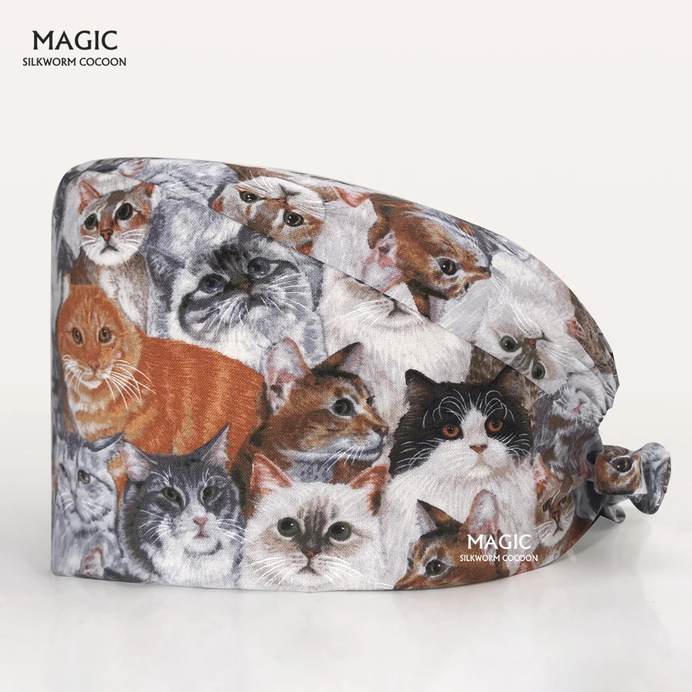 

Cartoon Color Cat Printing Wholesale Laboratory Pet Clinic Work Cap Surgery Cap Dental Hospital Nursing Cap Scrub Cap Long Hair