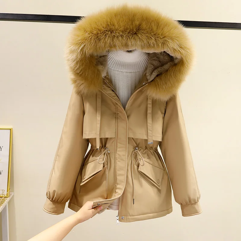 2022 Women's Winter Jacket Students Solid Hooded Large Fur Parkas Drawstring Slim Fashion Warm Coat Female Snow Wear Outwear
