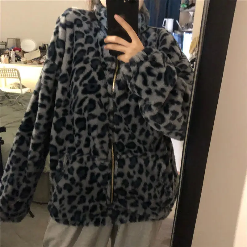 Women's Pink Leopard Print Stand-up Collar Sweater Faux Plush Hooded Cardigan Zipper Coat Animal Print Top Female Student New