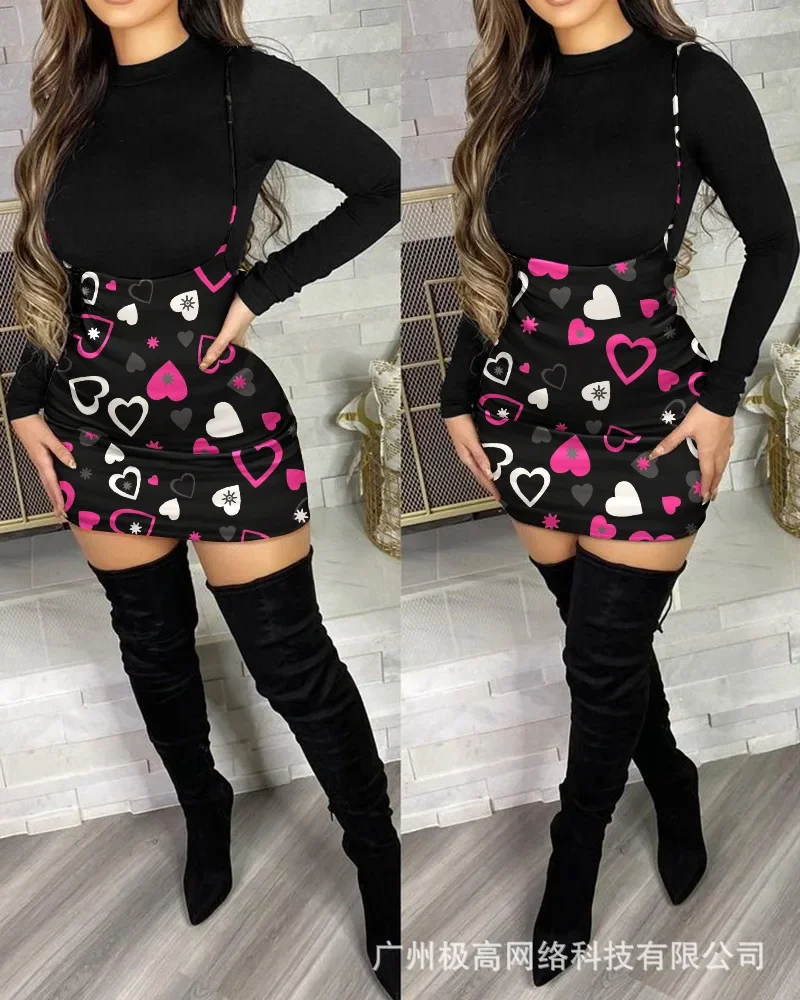 

Long Sleeve Top & Plaid Print Suspender Skirt Set Women 2pcs Clothes Suit Fashion Casual Spring Summer Black T Shirt Mini Skirt