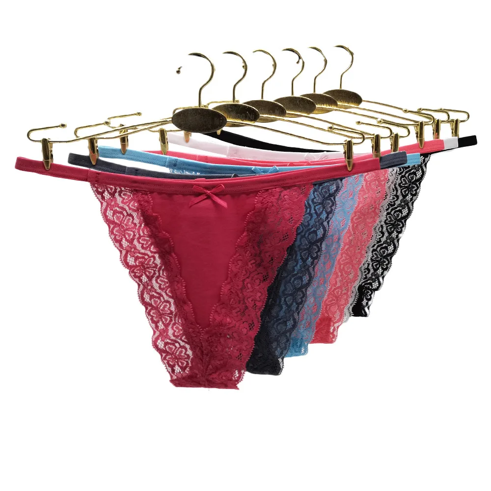 

6Pcs/Lot Sexy Lace Women's Thongs Cotton G String Bikini Low Waist Panties T-back Underwear Underpants Intimates Lingerie Female