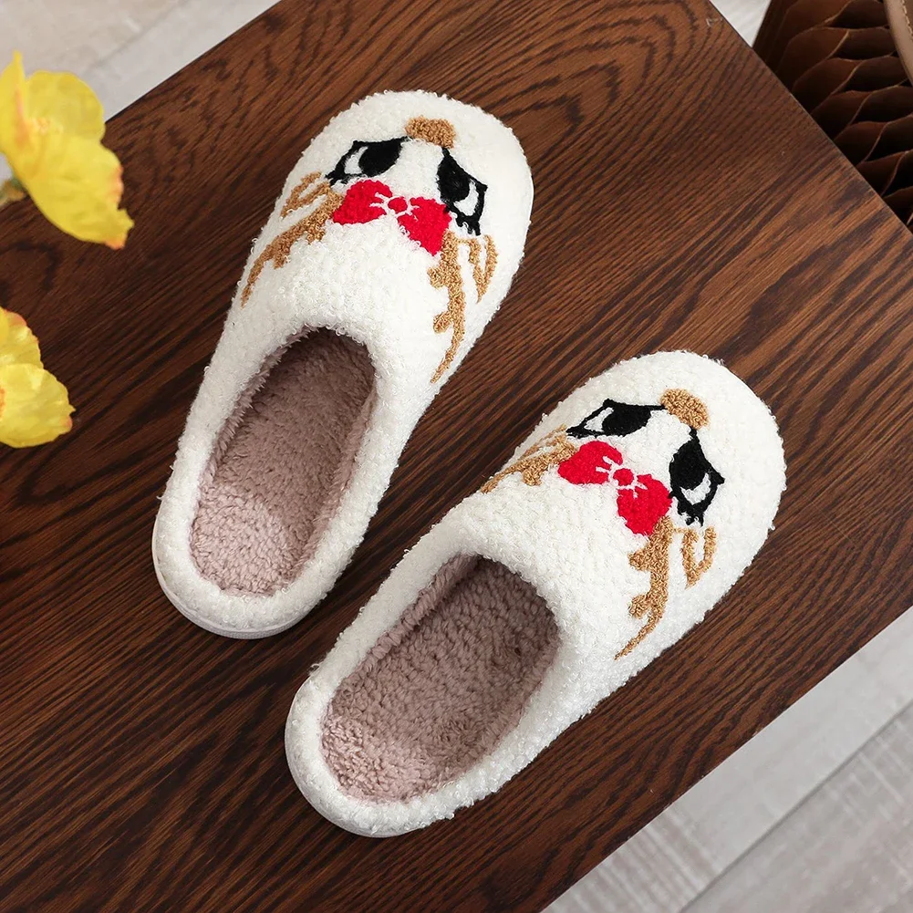 

Flat Plush Closed Toe Slippers Cartoon Plush Slip-on House Shoes with Red Bow Household Supplies Reindeer Fuzzy Indoor Slippers