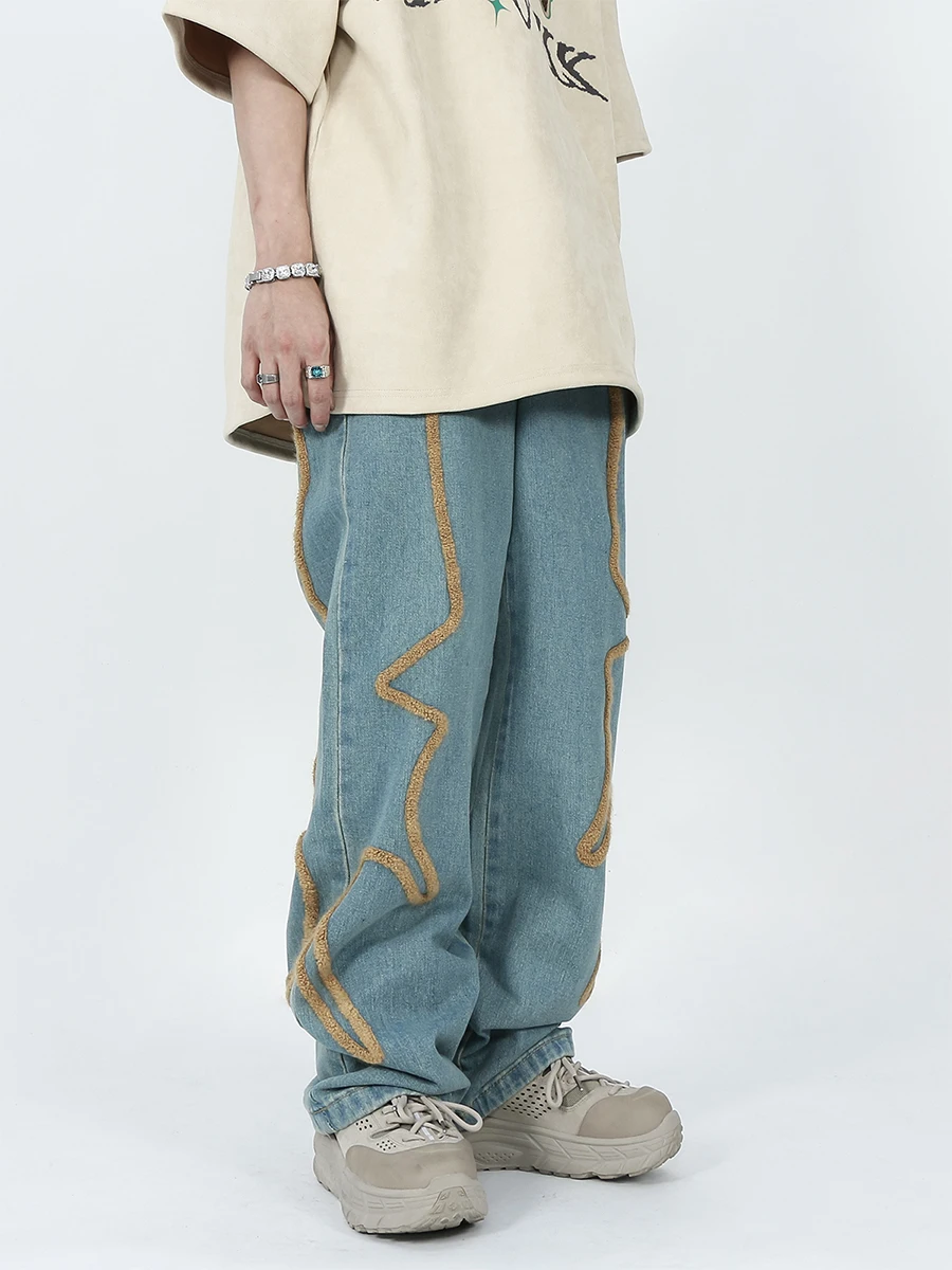 Four Seasons Men's Jeans Flocking Embroidery Design Straight High Street Loose Casual Wide Leg Pants Streetwear Men Ins Hot Sale