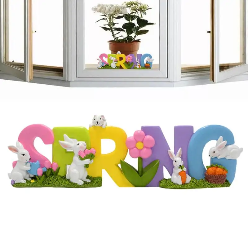

Easter Landscape Rabbits Weatherproof Easter Rabbits Statue With SPRING Letters Landscape Accessories For Window Sill Bookshelf