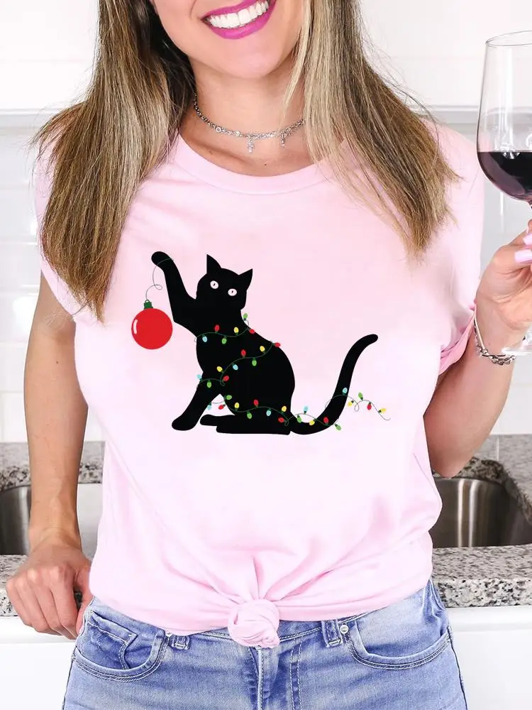 

Merry Christmas Holiday New Year Female T Clothing Cat Cartoon Trend Cute Graphic Tee Fashion Women Print Casual T-shirts