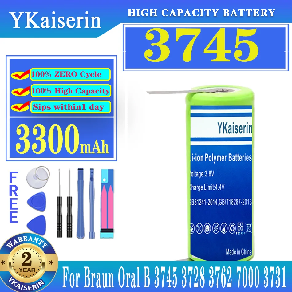 

Аккумулятор ykaisсеребрин 3300 мАч для электрической зубной щетки Braun Oral B 3745 3728 3762 7000 3731 P7000 D25 D28, аккумуляторы 1,2 в 42 мм X 17 мм
