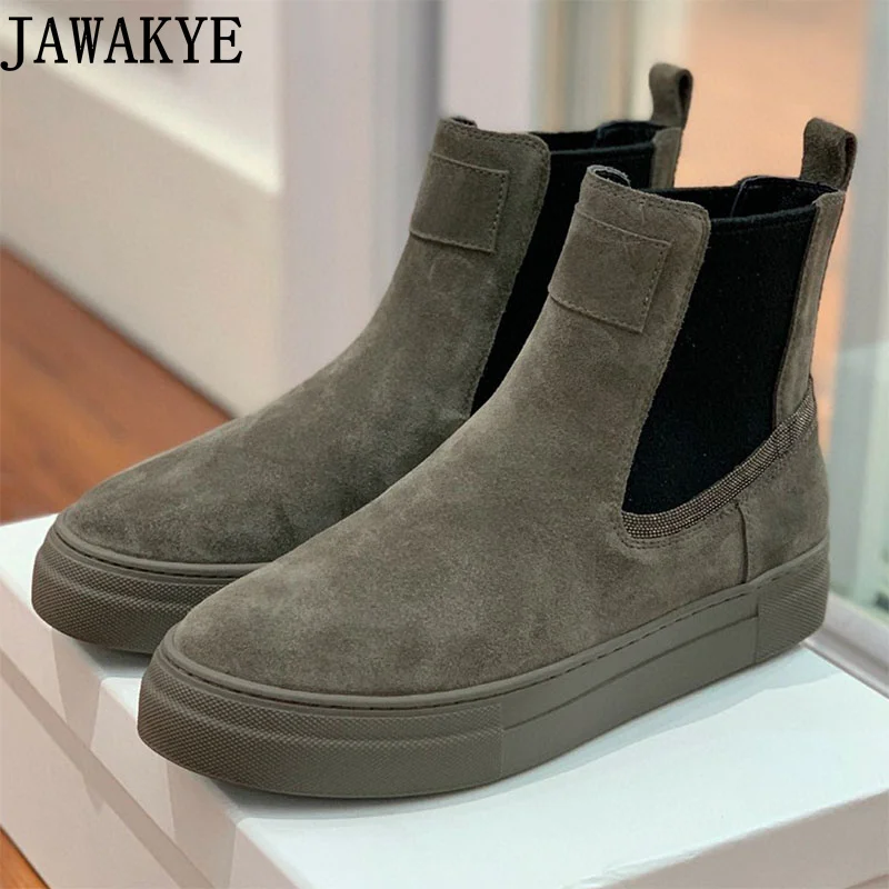 

Real Suede Leather Elastic Chelsea Boots Women Flat Platform Casual Winter Shoes Ankle Boots botas mujer invierno 2023