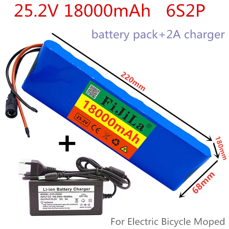 

25.2V 18000mAh 6S2P 18650 Lithium Battery Pack 24V 18000mAh With BMS For Electric Bicycle Moped + 2A Batteries Charger