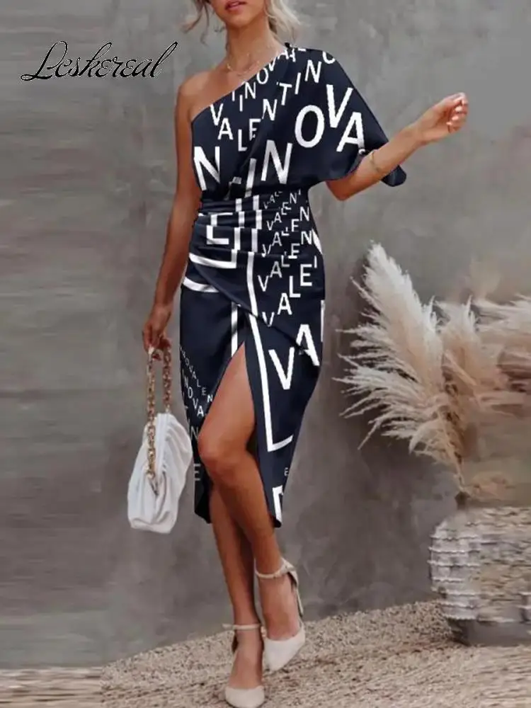 

Sexy Slash Neck One Shoulder Print Midi Dress Women 2022 Summer Casual Elegant Floral Irregular Dresses For Women Robe Femme