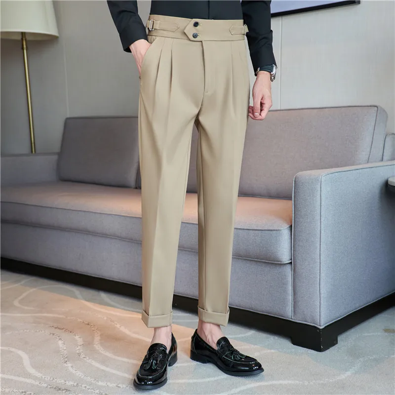 British Style Mens Brand Belt Design High Waist Straight Casual Business Suit Pants Hanging Formal Social Home Slim Casual Pants images - 6