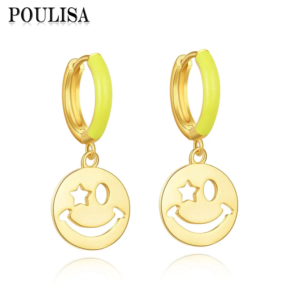 

Poulisa Funny Hollow Smile Face Hoop Earrings For Girls Women Gifts Multicolor Enamel Earrings Fashion Jewelry Customizable