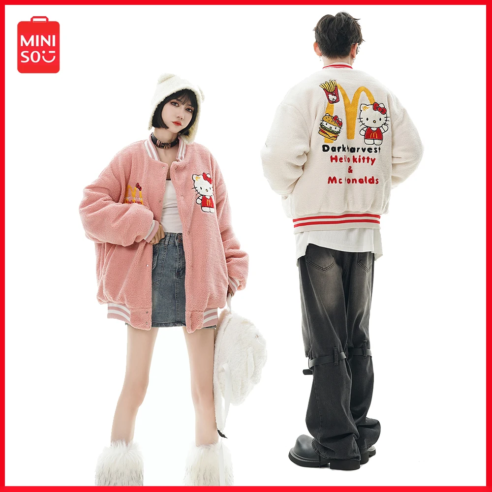 

2023 Новый Miniso Y2K Sanrio Hellokitty вышитая куртка из овечьей шерсти и хлопка для мужчин и женщин зимняя куртка утепленный бейсбольный костюм для пар