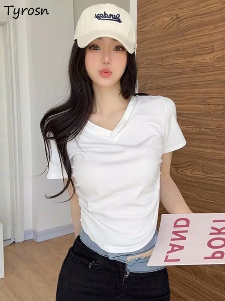 

Футболки женские летние модные однотонные простые универсальные дизайнерские топы с V-образным вырезом тонкие нежные Элегантные повседневные Классические в Корейском стиле для отдыха