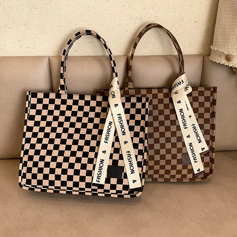 

Повседневная женская сумка большой вместимости, холщовая большая сумка-тоут для покупок, новинка 2022, дизайнерские женские коричневые клетч...