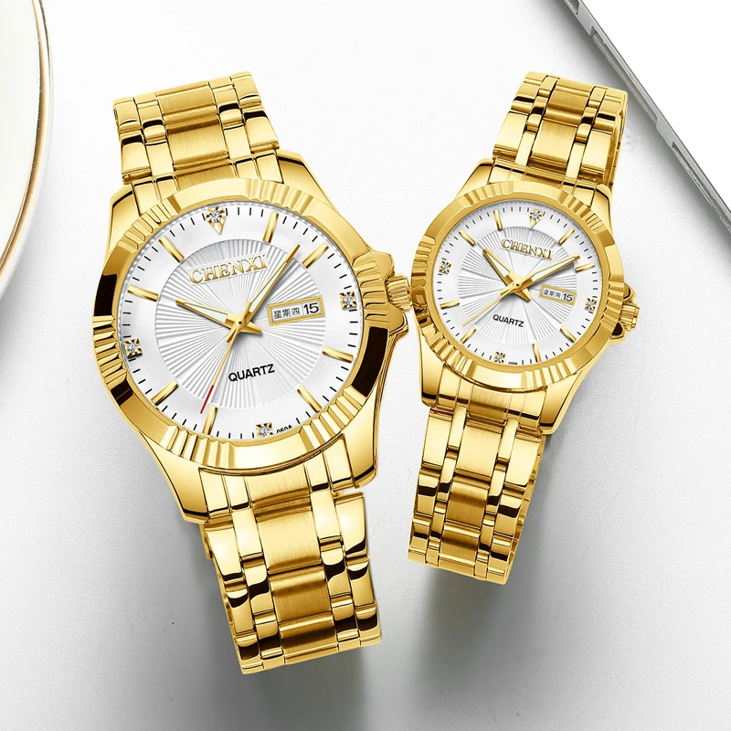 His Hers Watch Sets Gold Watches Men Stainless Steel Fashion Business Week Calendar Quartz Wristwatch Couple Watch Free Shipping