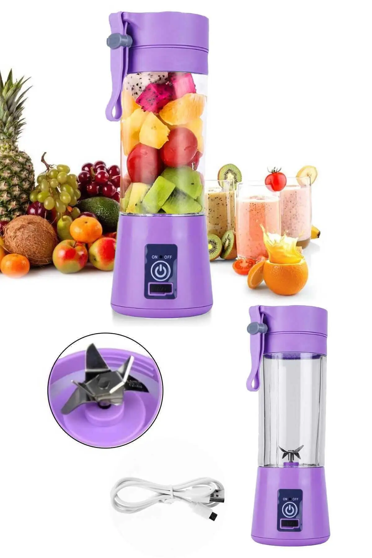 Fruit Juicer Sports Bottle USB Rechargeable Mixer Purple Rec