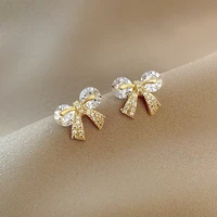 korean earring fashion gold simple retro bow with micro inlay zircon stud earrings for women 2020 jewelry wedding party gifts
