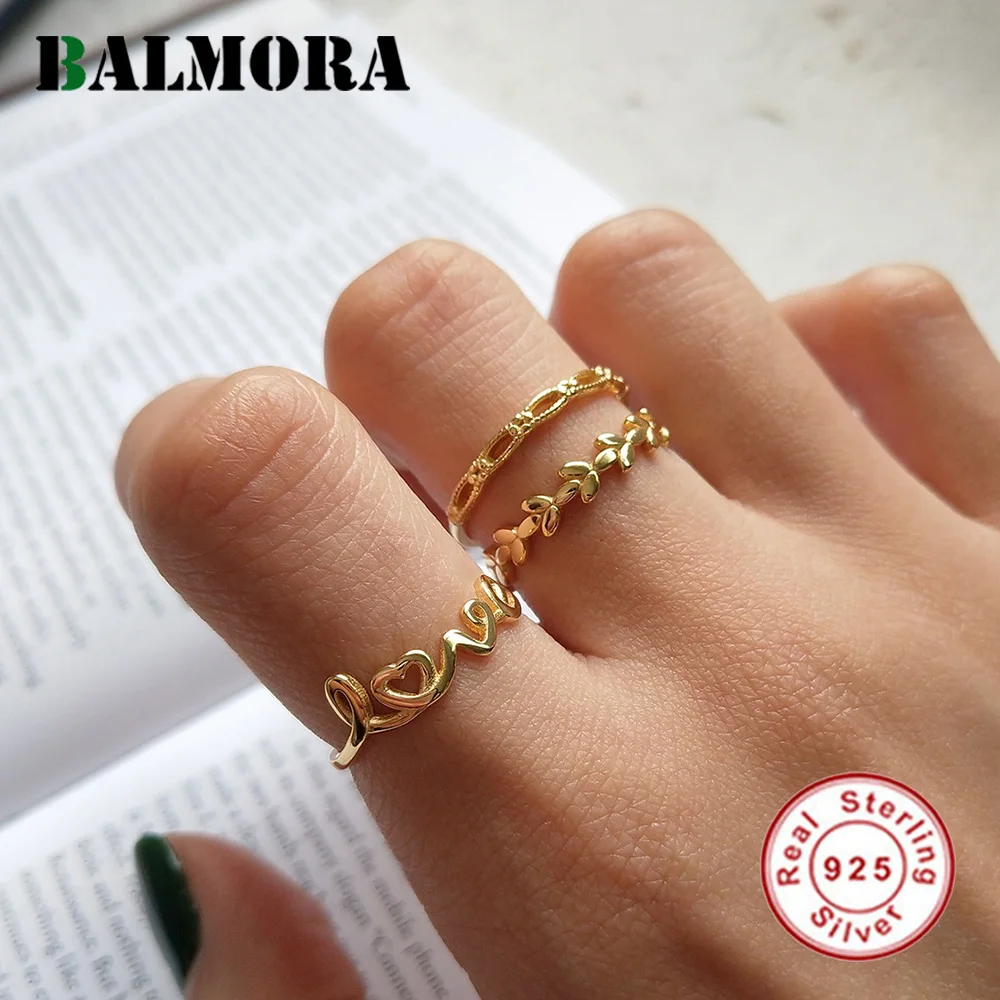 

BALMORA S925 Sterling Silver Simple Gold Love Heart Leaf Open Rings For Women Girl Vintage Adjustable Anillos Jewelry Gift