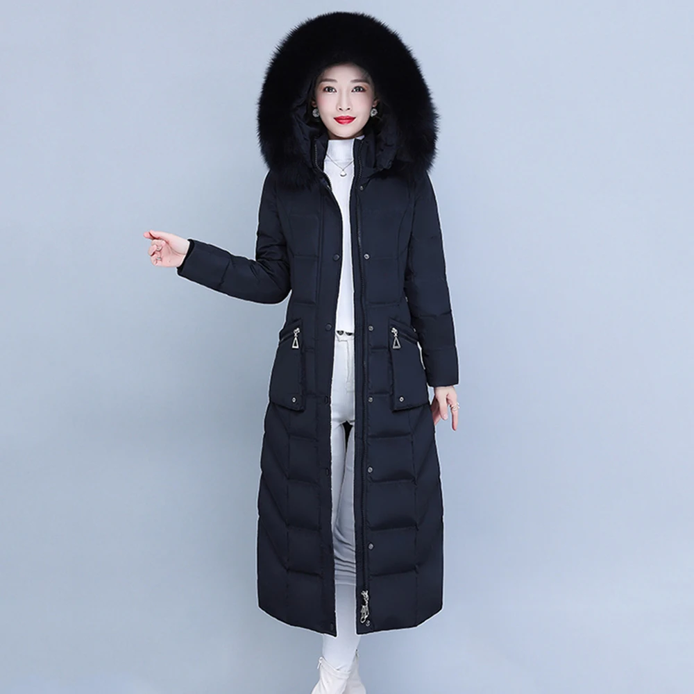 New Women Long Down Coat Winter Fashion Detachable Real Fox Fur Collar Thicken Warm White Duck Down Jacket Slim Hooded Overcoat