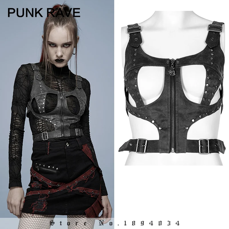 

PUNK RAVE Women's Punk Dark Texture Hollow-out Vest Novel Hollowed Out Design Slim Sexy Corset Bustiers Accessories